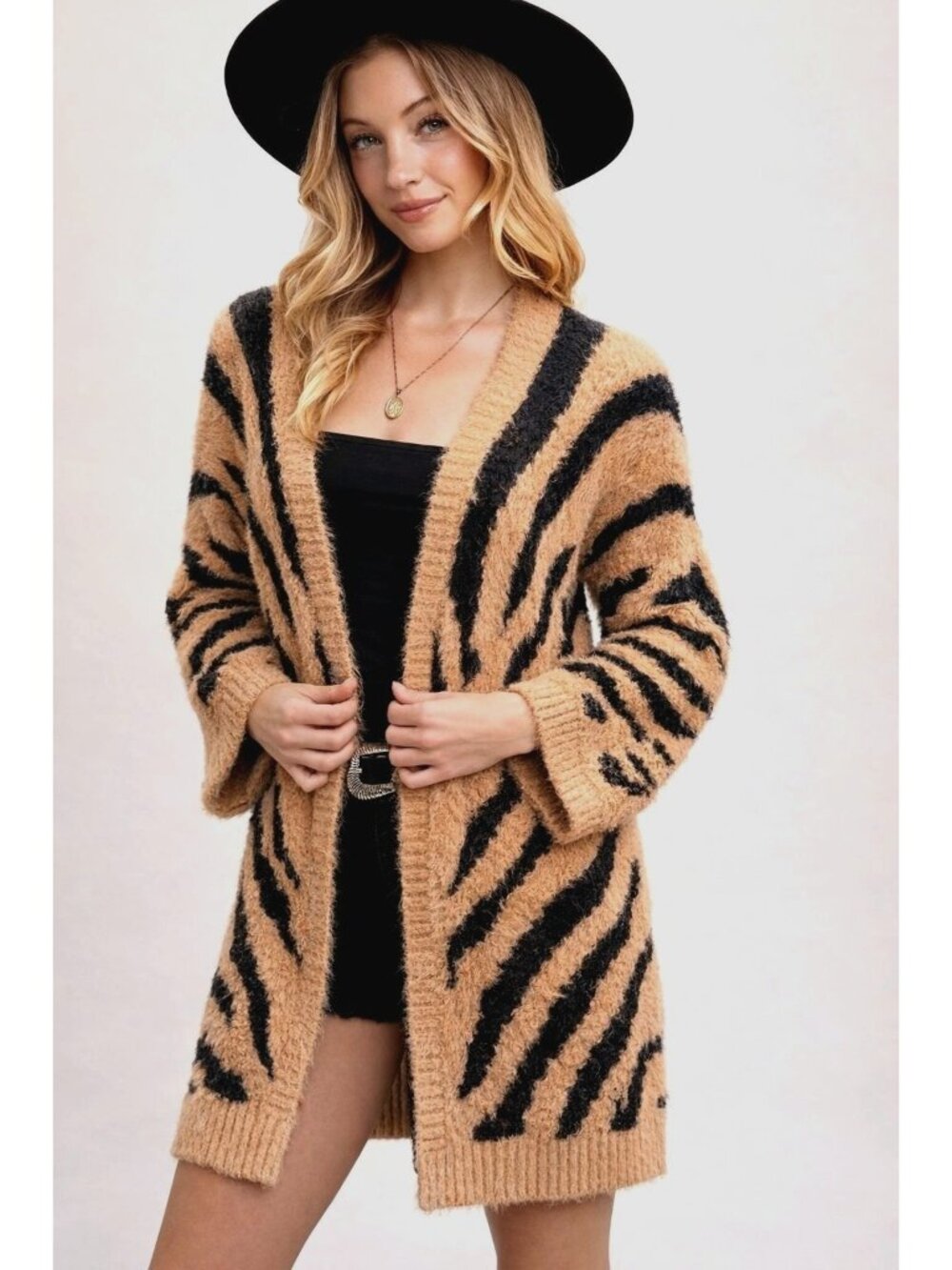Forever 21 Size Small Beige Black Zebra Cardigan Fuzzy Longline Glam Grunge Cozy